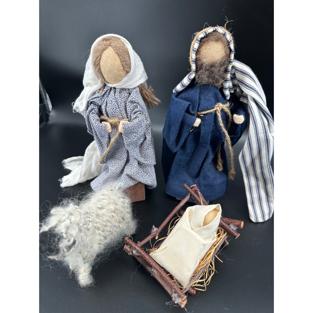 Handmade Folk Art Nativity Joseph Mary Baby Jesus Manger Burlap‎ Fabric
